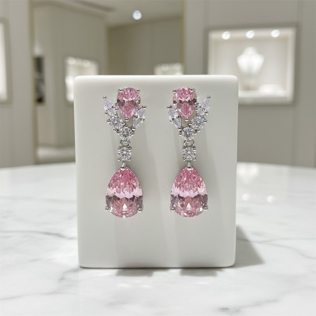 CUBIC ZIRCONIA COLLECTION - DAINTY DIAMOND DROP EARRINGS - CZER621PINK