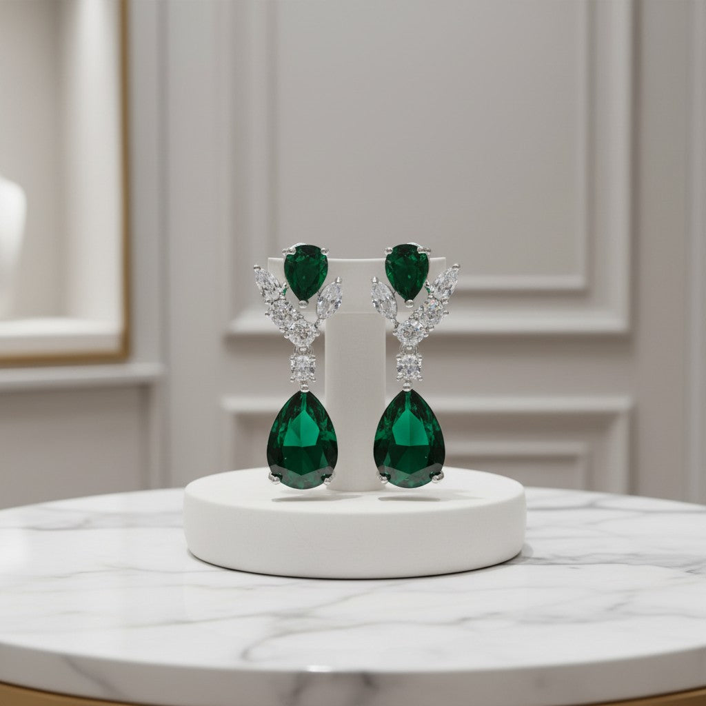 CUBIC ZIRCONIA COLLECTION - DAINTY DIAMOND DROP EARRINGS - CZER621 EMERALD