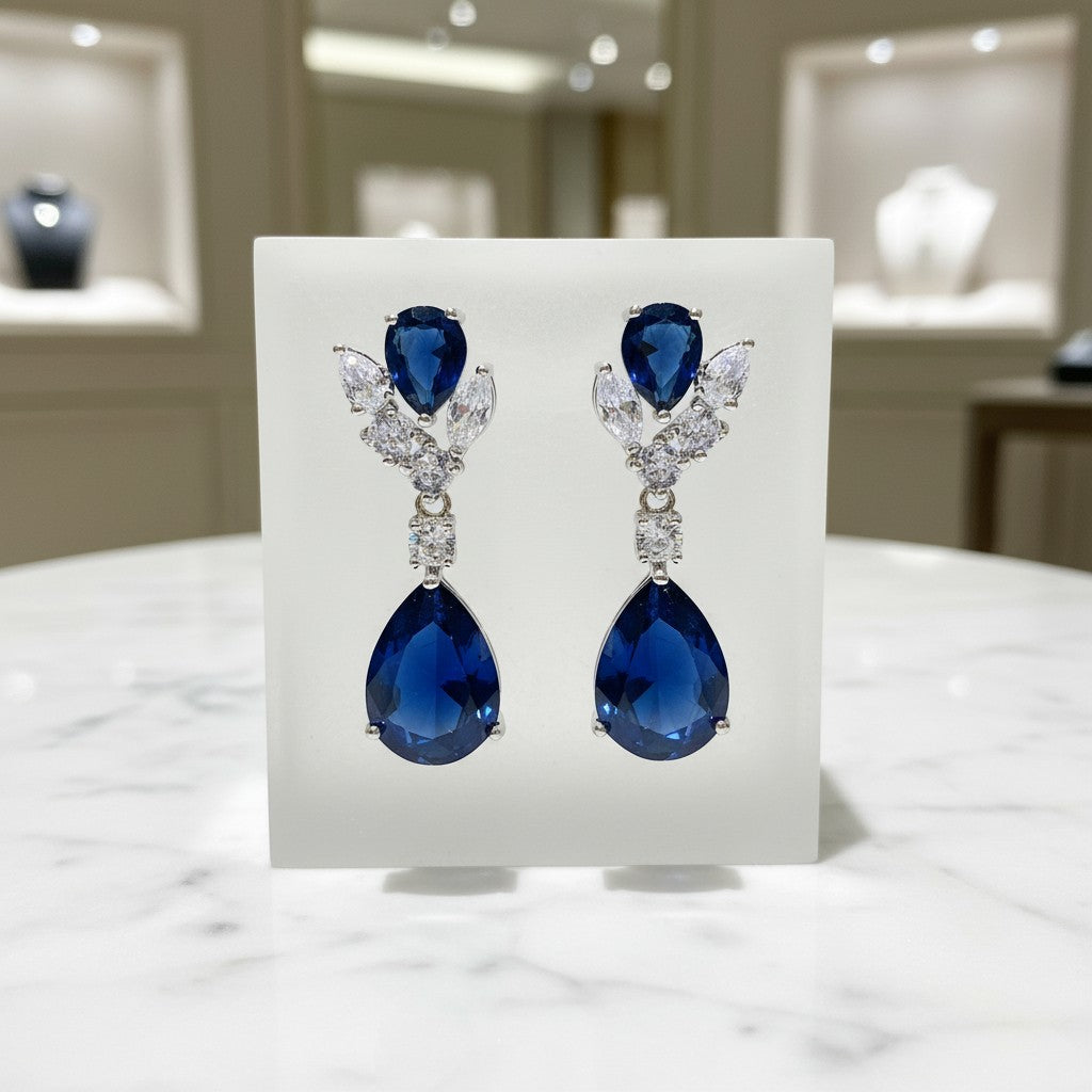CUBIC ZIRCONIA COLLECTION - DAINTY DIAMOND DROP EARRINGS - CZER621 SAPPHIRE BLUE