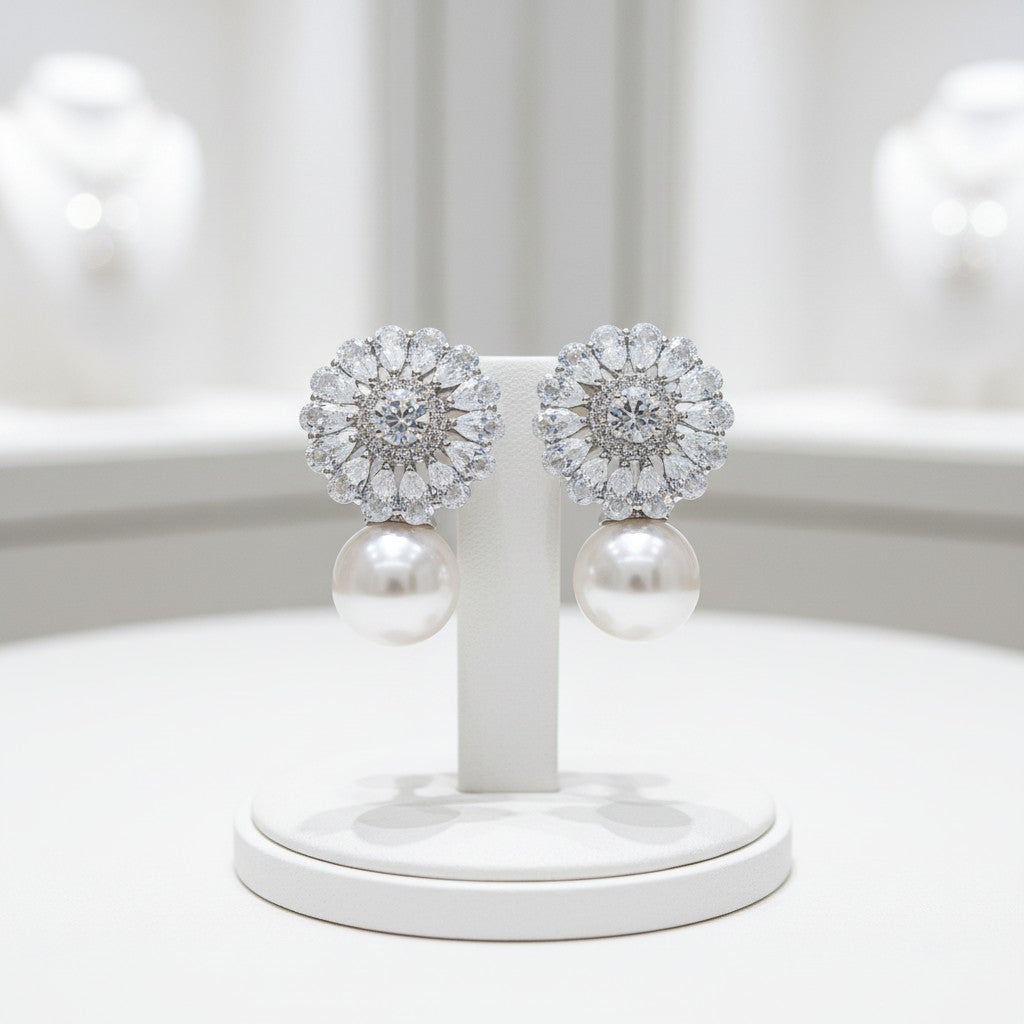 CUBIC ZIRCONIA COLLECTION - DAZZLING PEARL EARRINGS - CZER617 SILVER