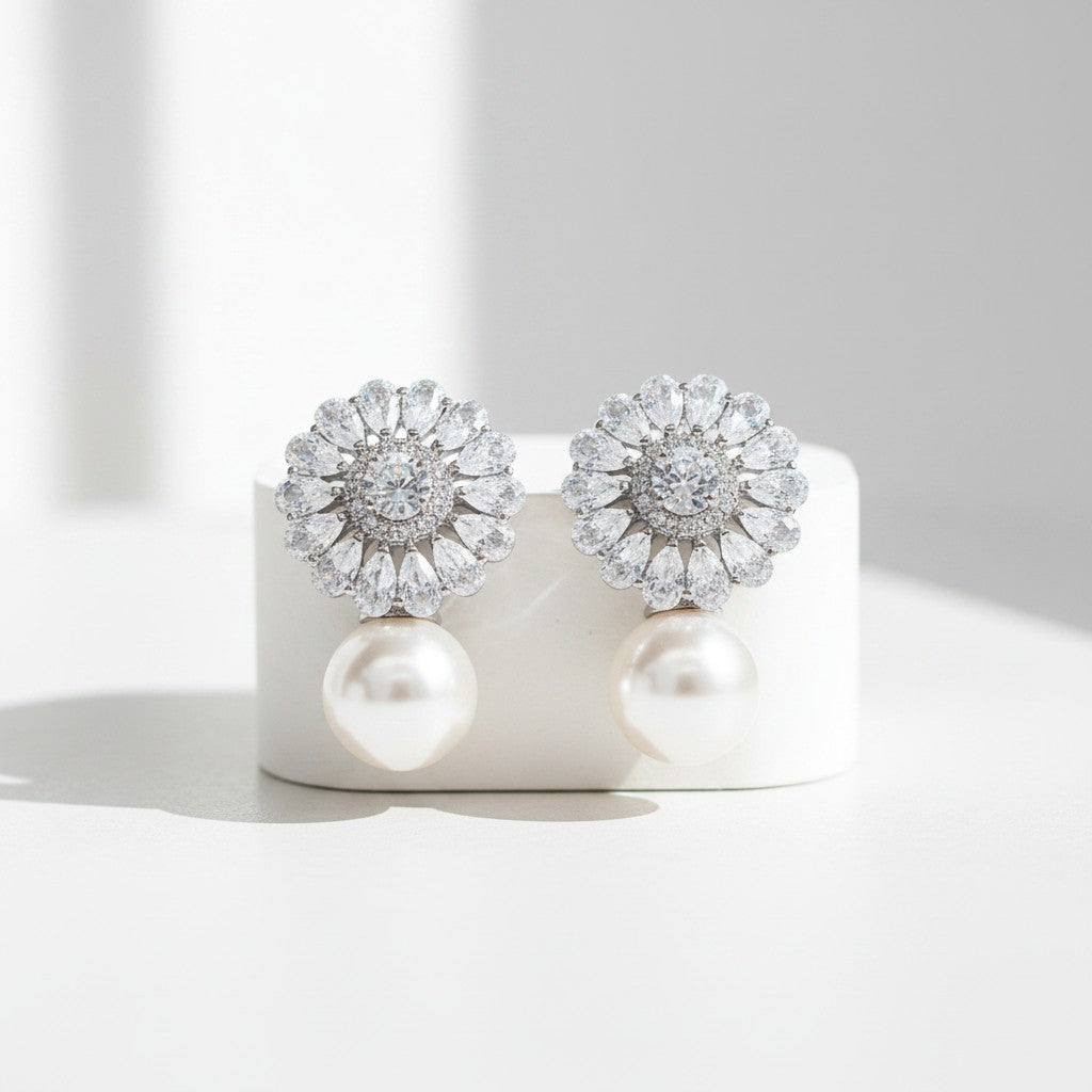 CUBIC ZIRCONIA COLLECTION - DAZZLING PEARL EARRINGS - CZER617 SILVER
