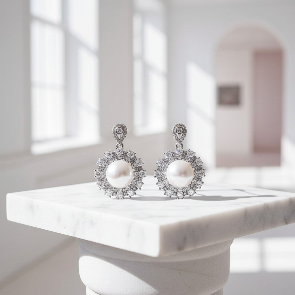 CUBIC ZIRCONIA COLLECTION -ELEGANCE OF  PEARL EARRINGS - CZER622