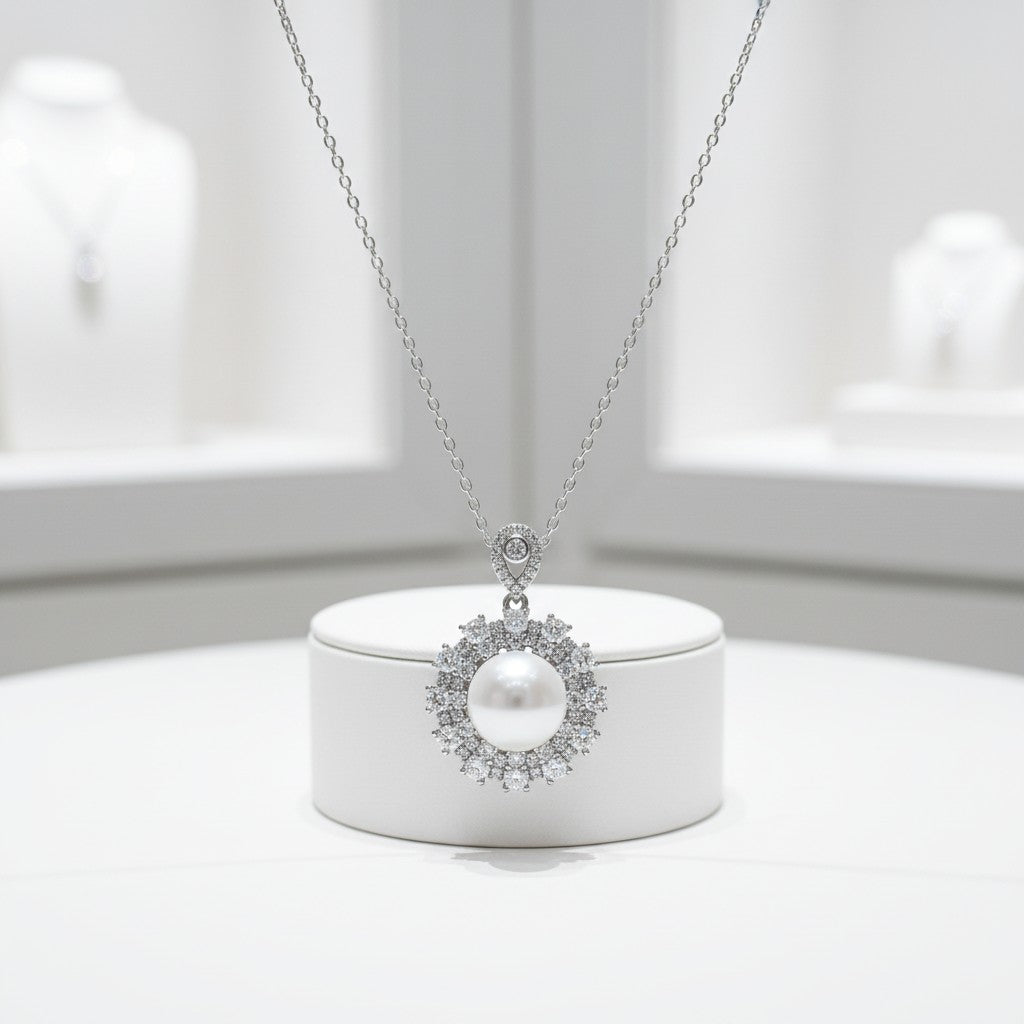 CUBIC ZIRCONIA COLLECTION - ELEGANCE OF PEARL NECKLACE - CZNK157 SILVER