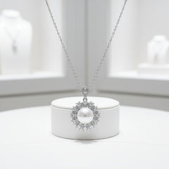 CUBIC ZIRCONIA COLLECTION - ELEGANCE OF PEARL NECKLACE - CZNK157 SILVER