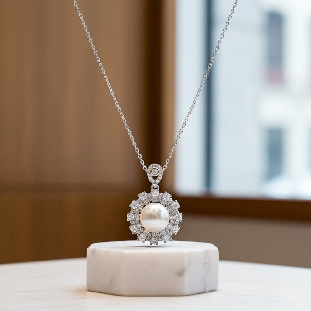 CUBIC ZIRCONIA COLLECTION - ELEGANCE OF PEARL NECKLACE - CZNK157 SILVER