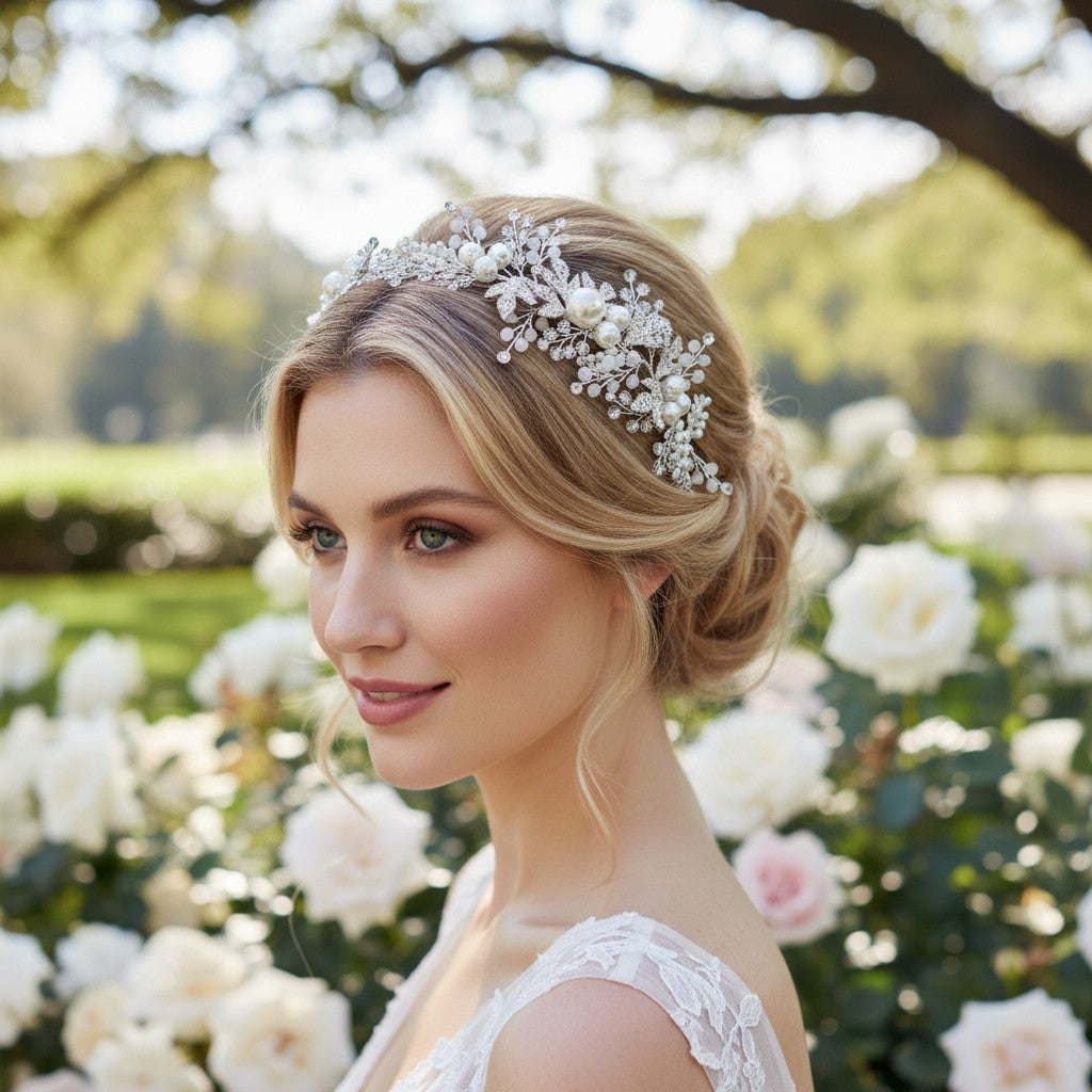 ATHENA COLLECTION - EXQUISITE PEARL HAIR VINE - HP198 SILVER
