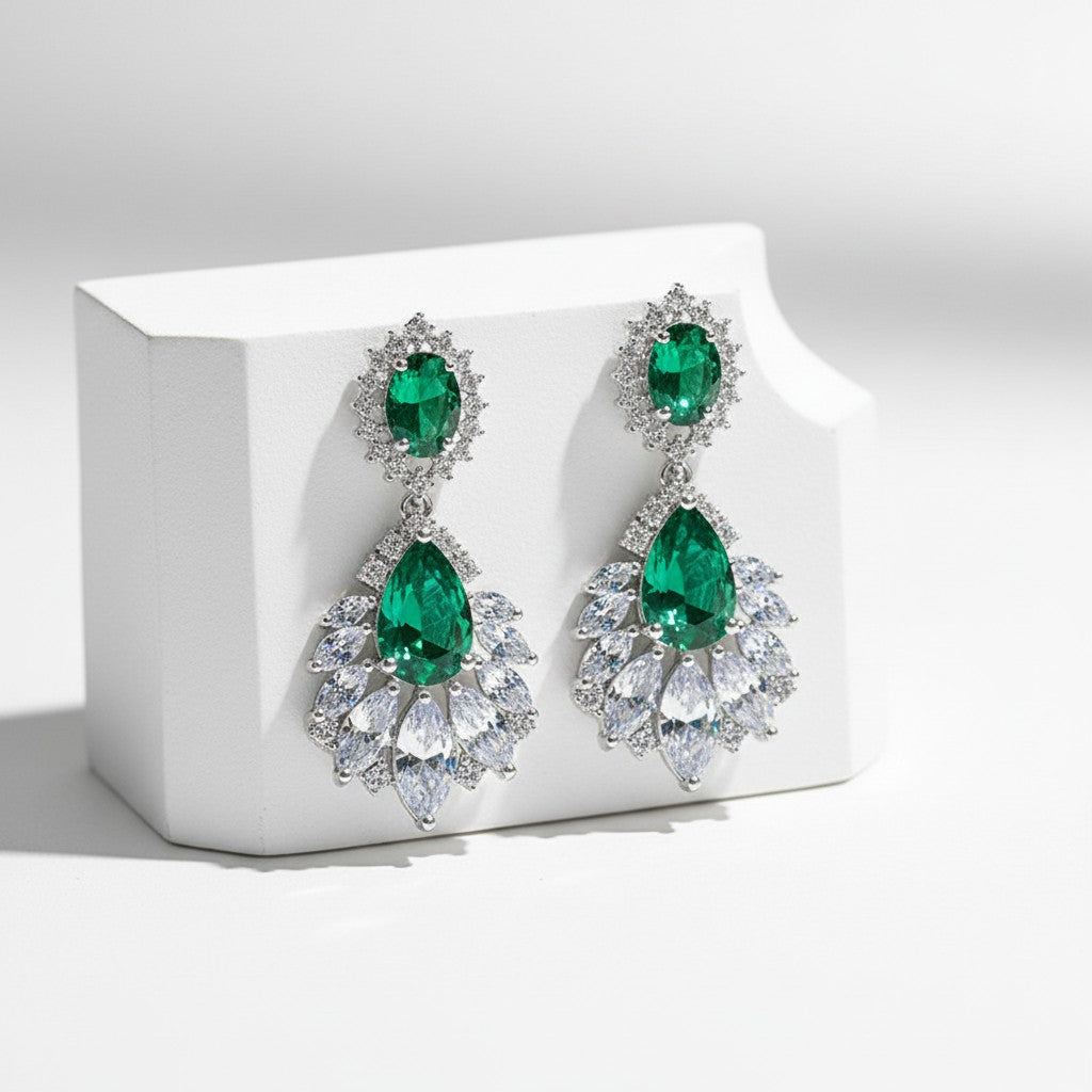 CUBIC ZIRCONIA - STARLET GLAM EARRINGS -  (CZER480) EMERALD