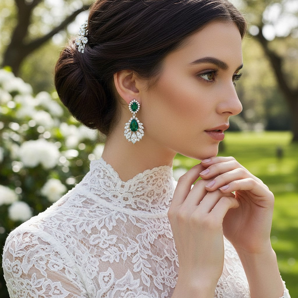 CUBIC ZIRCONIA - STARLET GLAM EARRINGS -  (CZER480) EMERALD