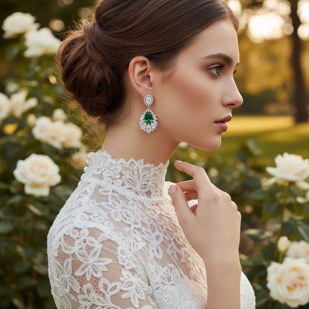 CUBIC ZIRCONIA - STARLET GLAM EARRINGS -  (CZER480) EMERALD