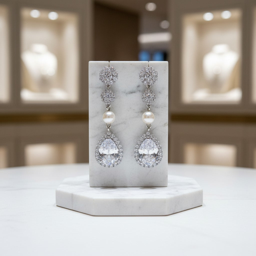 CUBIC ZIRCONIA COLLECTION - SPARKLE PEARL DROP EARRINGS - CZER630