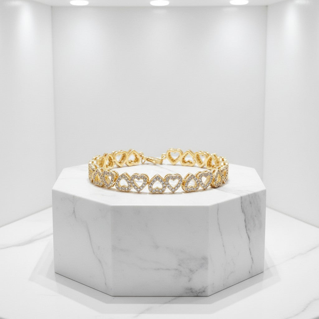 CUBIC ZIRCONIA COLLECTION - CRYSTAL HEARTS BRACELET - BR132 GOLD
