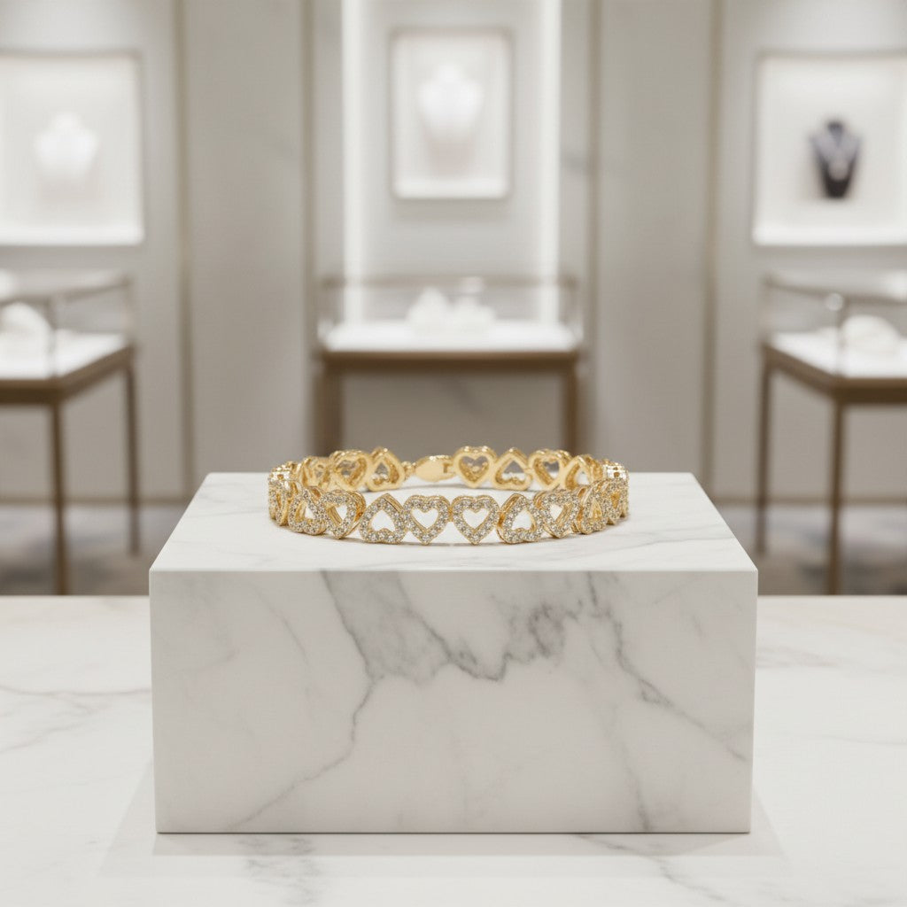 CUBIC ZIRCONIA COLLECTION - CRYSTAL HEARTS BRACELET - BR132 GOLD