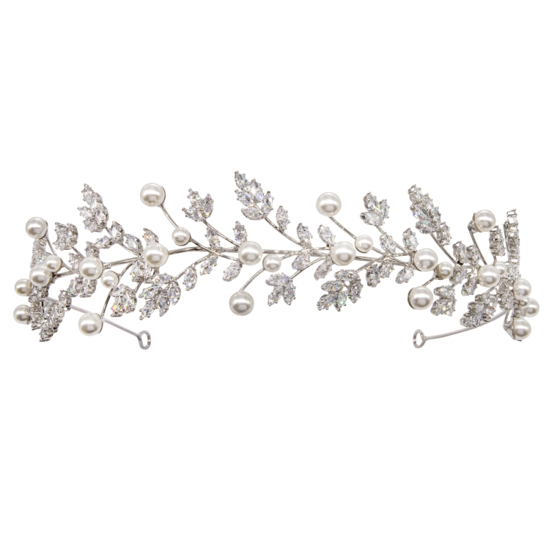 CUBIC ZIRCONIA COLLECTION - GRACELFUL PEARL HEADBAND - AHB128 SILVER