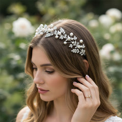 CUBIC ZIRCONIA COLLECTION - GRACELFUL PEARL HEADBAND - AHB128 SILVER