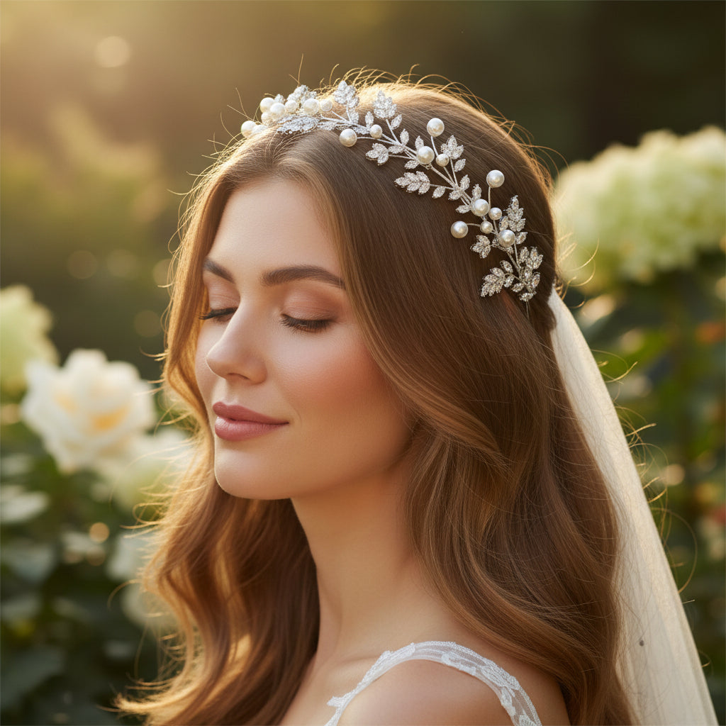 CUBIC ZIRCONIA COLLECTION - GRACELFUL PEARL HEADBAND - AHB128 SILVER