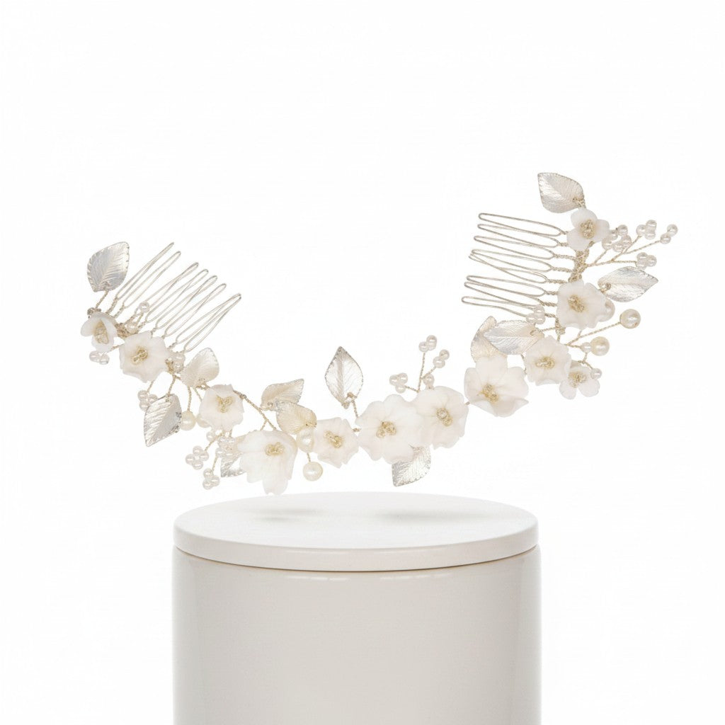 ATHENA COLLECTION - EXQUISITE FLORAL HAIR COMB - HC239 SILVER