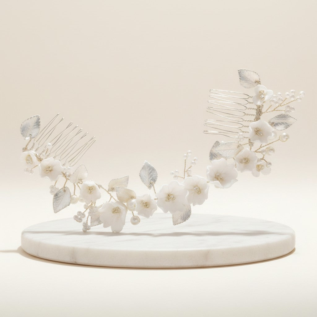 ATHENA COLLECTION - EXQUISITE FLORAL HAIR COMB - HC239 SILVER