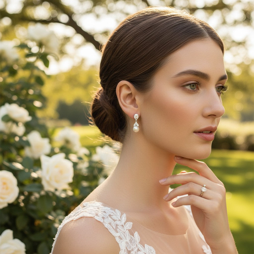 CUBIC ZIRCONIA COLLECTION - GRACEFUL PEARL EARRINGS - GOLD ER316 (ROSE GOLD)