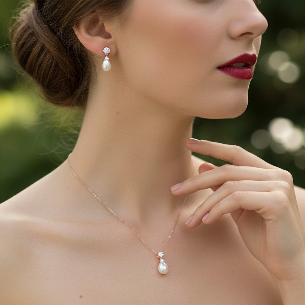 CUBIC ZIRCONIA COLLECTION - TIMELESS ELEGANCE NECKLACE SET- (CZNK74AA) ROSE GOLD