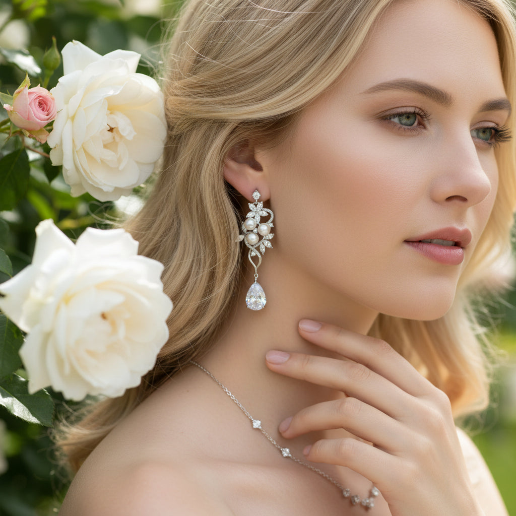 CUBIC ZIRCONIA COLLECTION - PEARL BLOOM EARRINGS- CZER658 SILVER