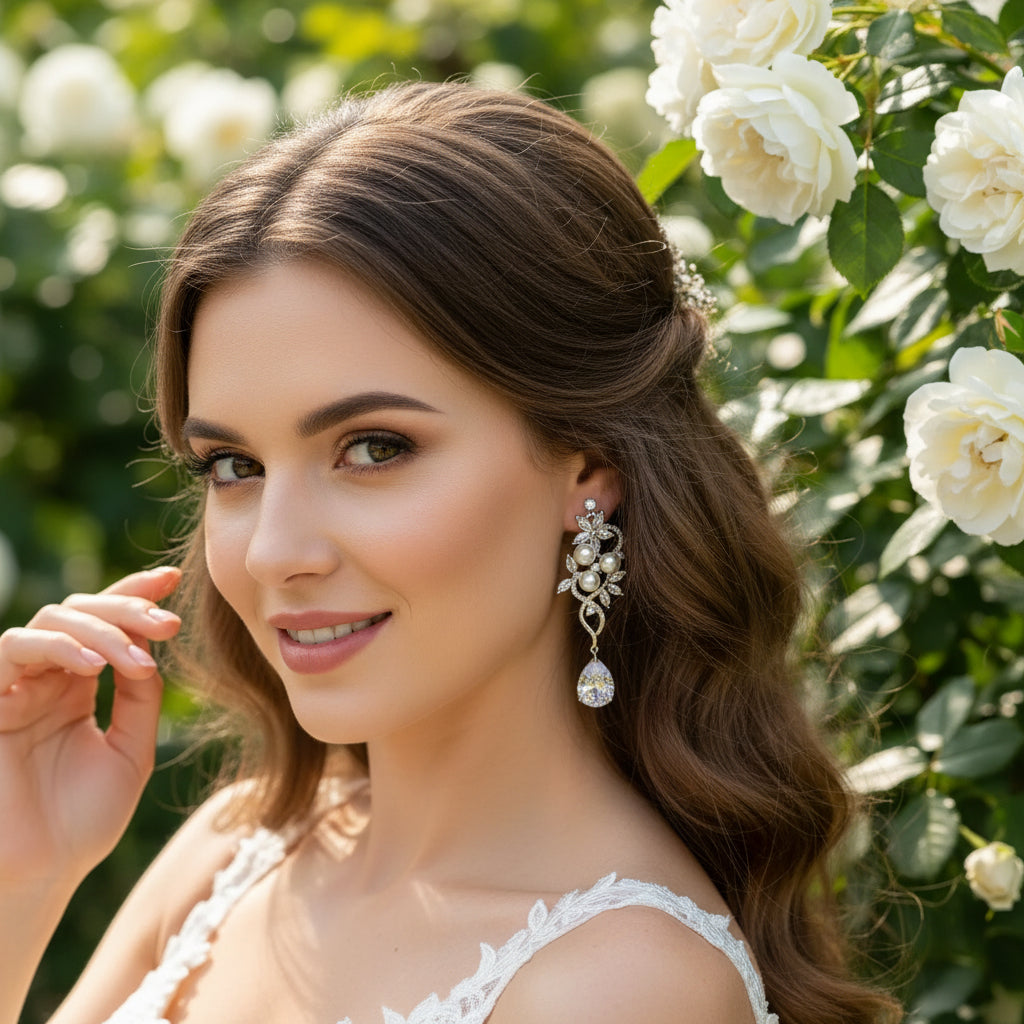 CUBIC ZIRCONIA COLLECTION - PEARL BLOOM EARRINGS- CZER658 ROSE GOLD