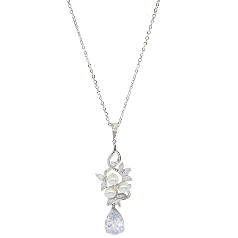 CUBIC ZIRCONIA COLLECTION - PEARL BLOOM NECKLACE- CZNK165 SILVER