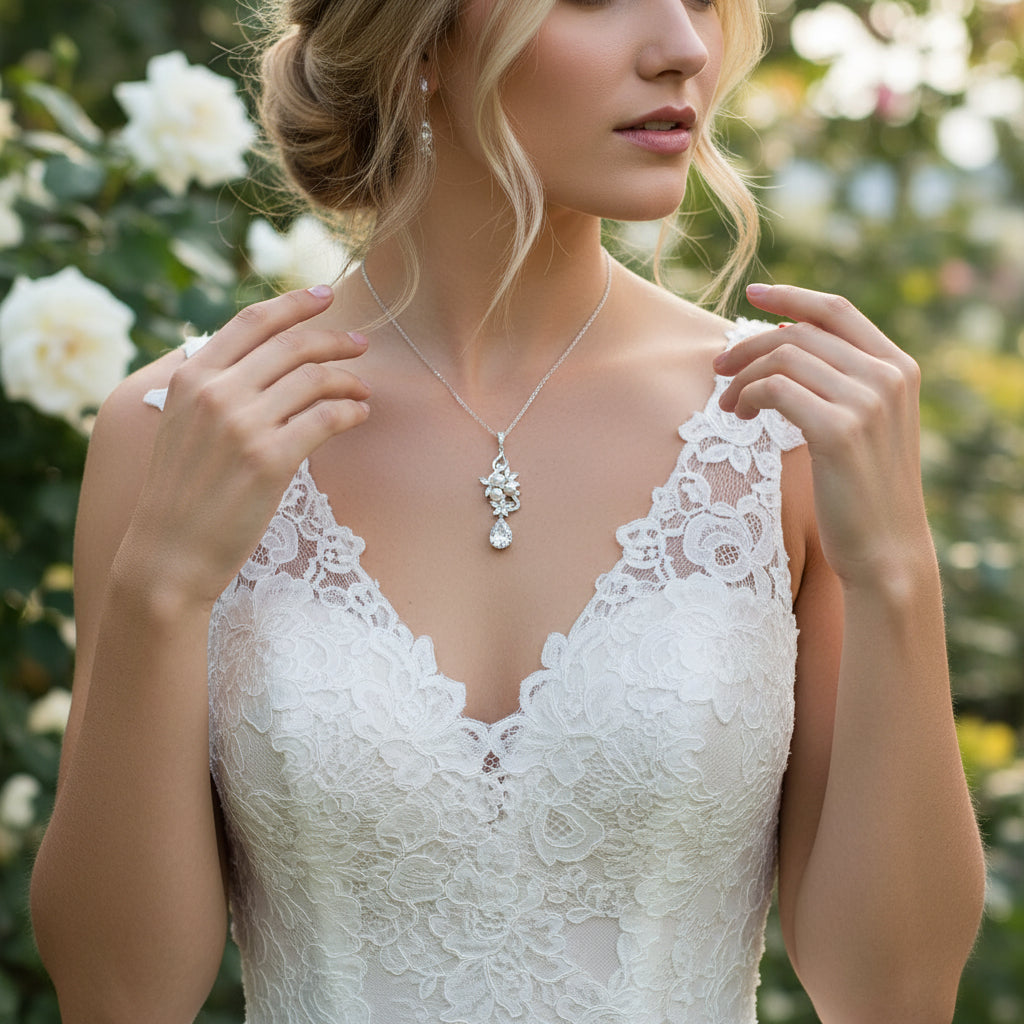 CUBIC ZIRCONIA COLLECTION - PEARL BLOOM NECKLACE- CZNK165 SILVER