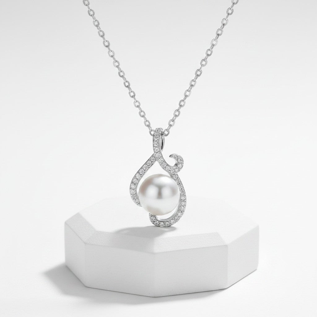CUBIC ZIRCONIA COLLECTION - CHARMING PEARL NECKLACE - CZNK169 SILVER