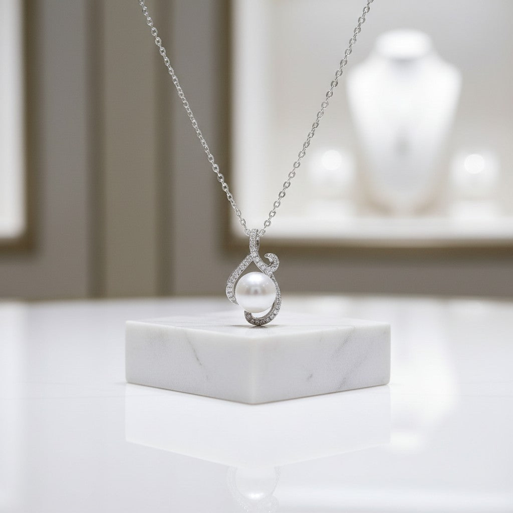 CUBIC ZIRCONIA COLLECTION - CHARMING PEARL NECKLACE - CZNK169 SILVER