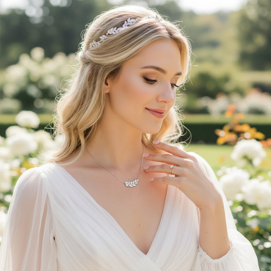 CUBIC ZIRCONIA COLLECTION - CRYSTAL LEAF NECKLACE- CZNK170 SILVER