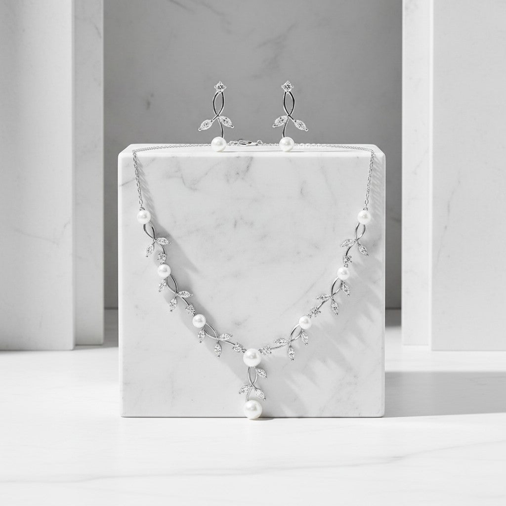 CUBIC ZIRCONIA COLLECTION - LUSH PEARL NECKLACE SET - CZNK171 SILVER