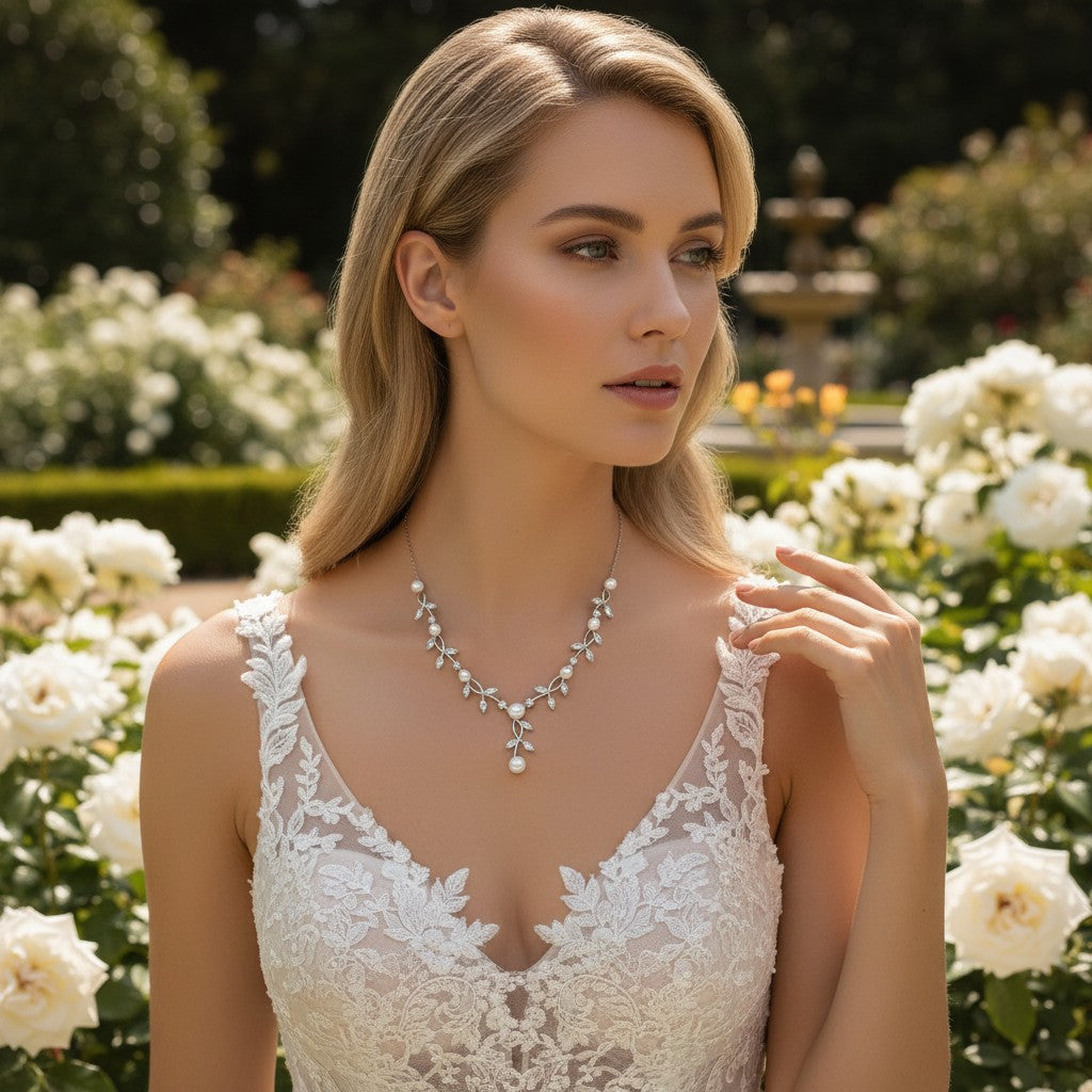 CUBIC ZIRCONIA COLLECTION - LUSH PEARL NECKLACE SET - CZNK171 SILVER