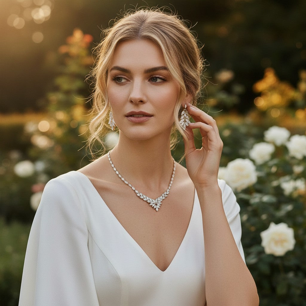 CUBIC ZIRCONIA COLLECTION - STARLET LUXE NECKLACE SET - CZNK174 SILVER