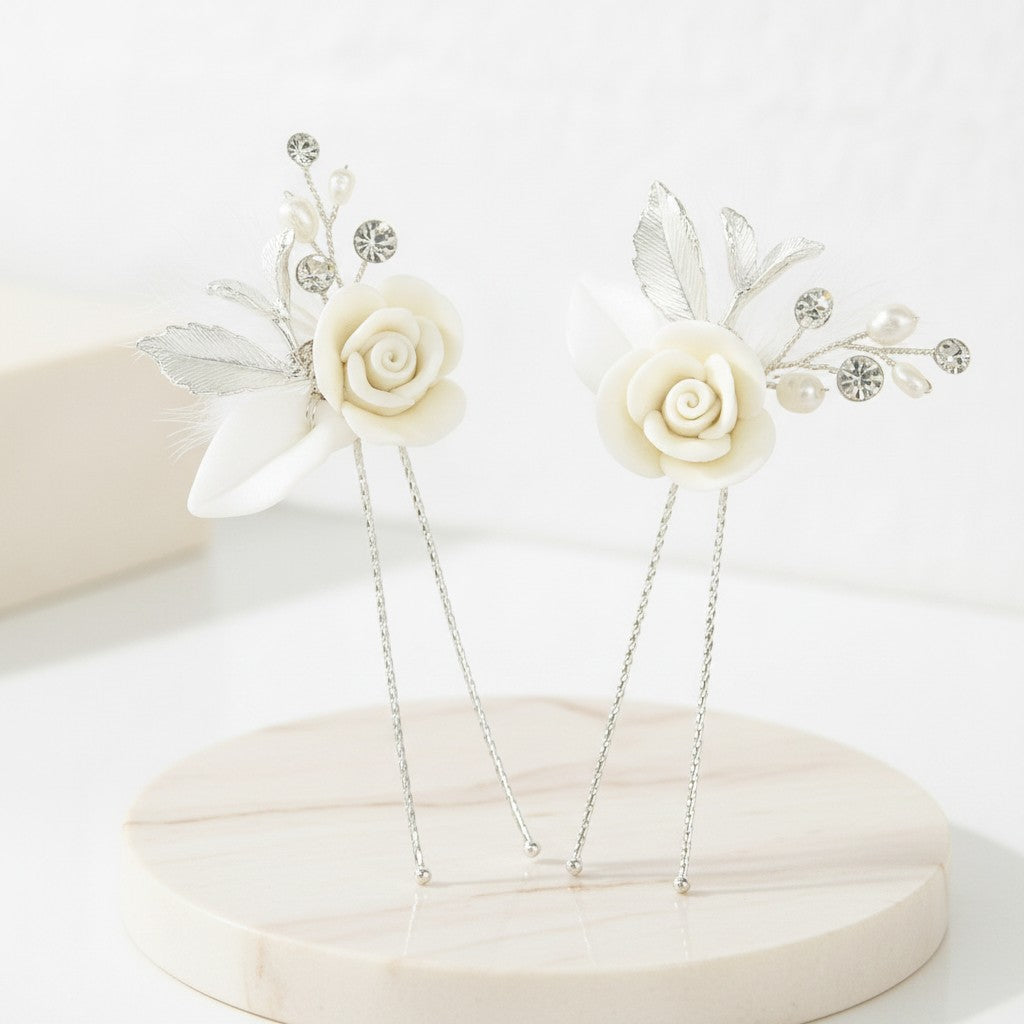 ATHENA COLLECTION - GLAM ROSE HAIR PINS - (PAIR) PIN64 SILVER