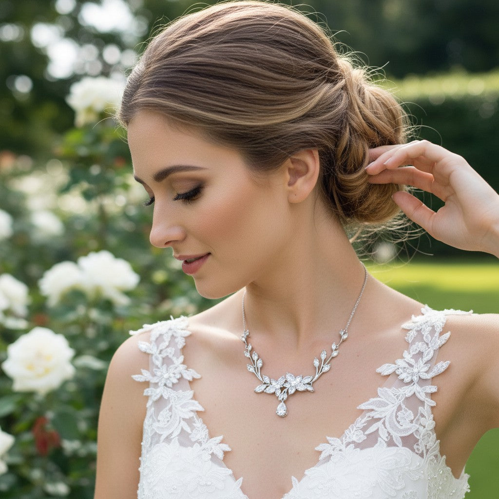 CUBIC ZIRCONIA COLLECTION - GLITZY GLAM NECKLACE SET - CZNK175 SILVER