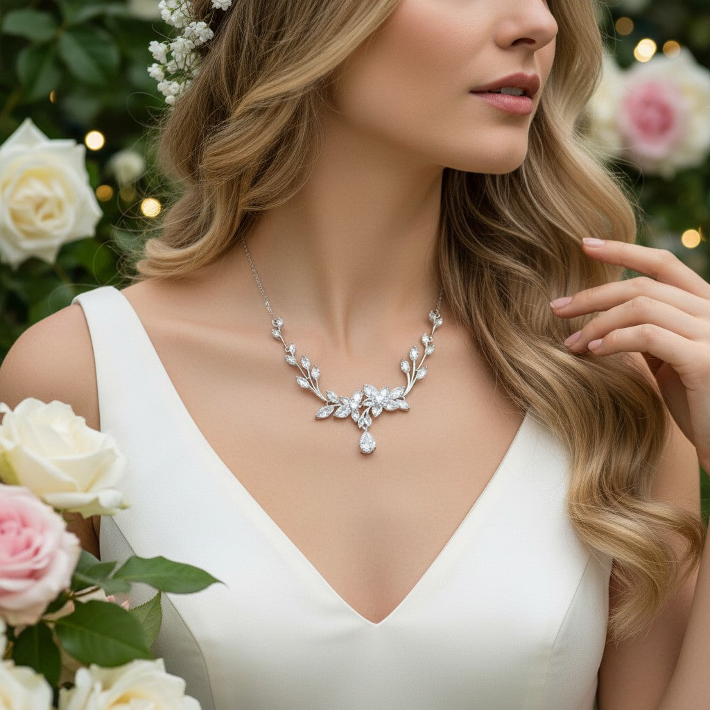 CUBIC ZIRCONIA COLLECTION - GLITZY GLAM NECKLACE SET - CZNK175 SILVER