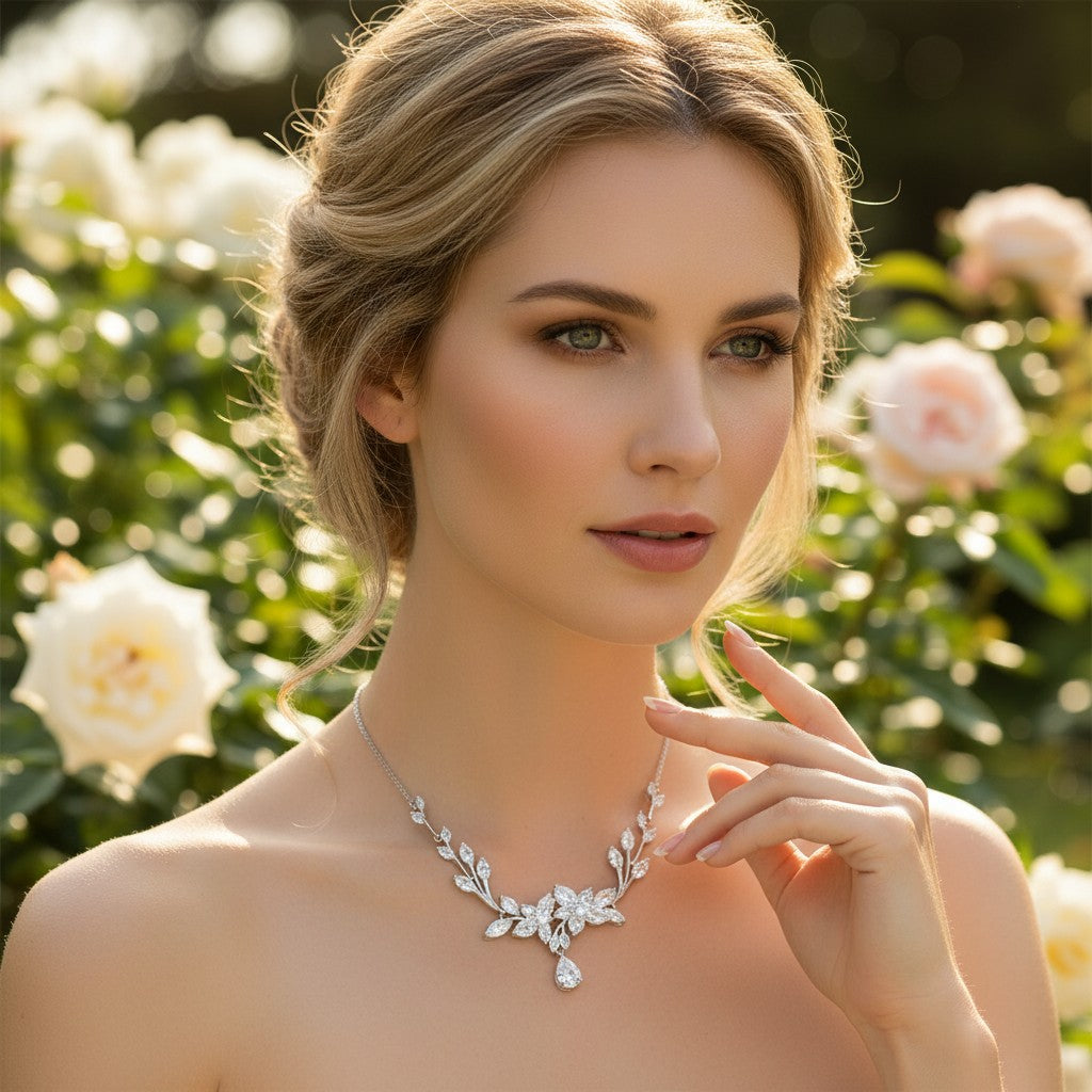 CUBIC ZIRCONIA COLLECTION - GLITZY GLAM NECKLACE SET - CZNK175 SILVER