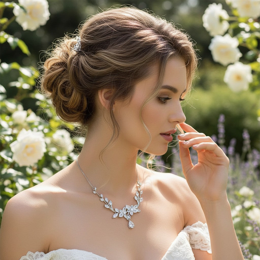 CUBIC ZIRCONIA COLLECTION - GLITZY GLAM NECKLACE SET - CZNK175 SILVER