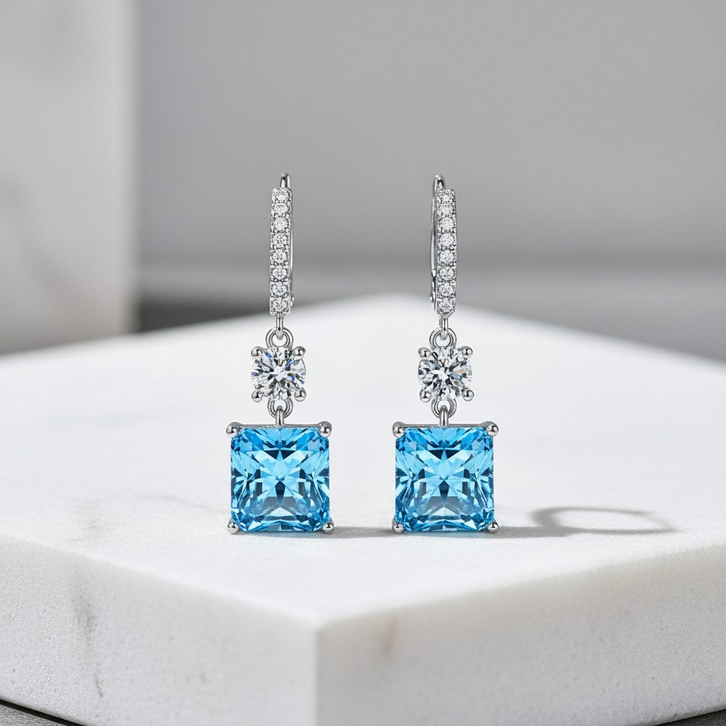 CUBIC ZIRCONIA COLLECTION - GLITZY GEM EARRINGS 925 STERLING SILVER - CZER676 AQUA