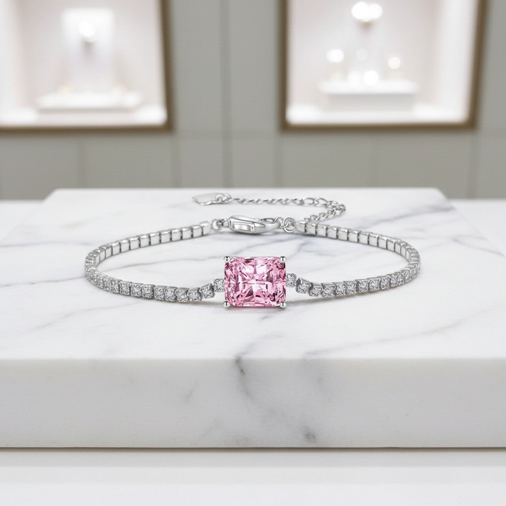 CUBIC ZIRCONIA COLLECTION - GLITZY GEM BRACELET PLATED IN 925 STERLING SILVER- CZBR140 ROSE PINK