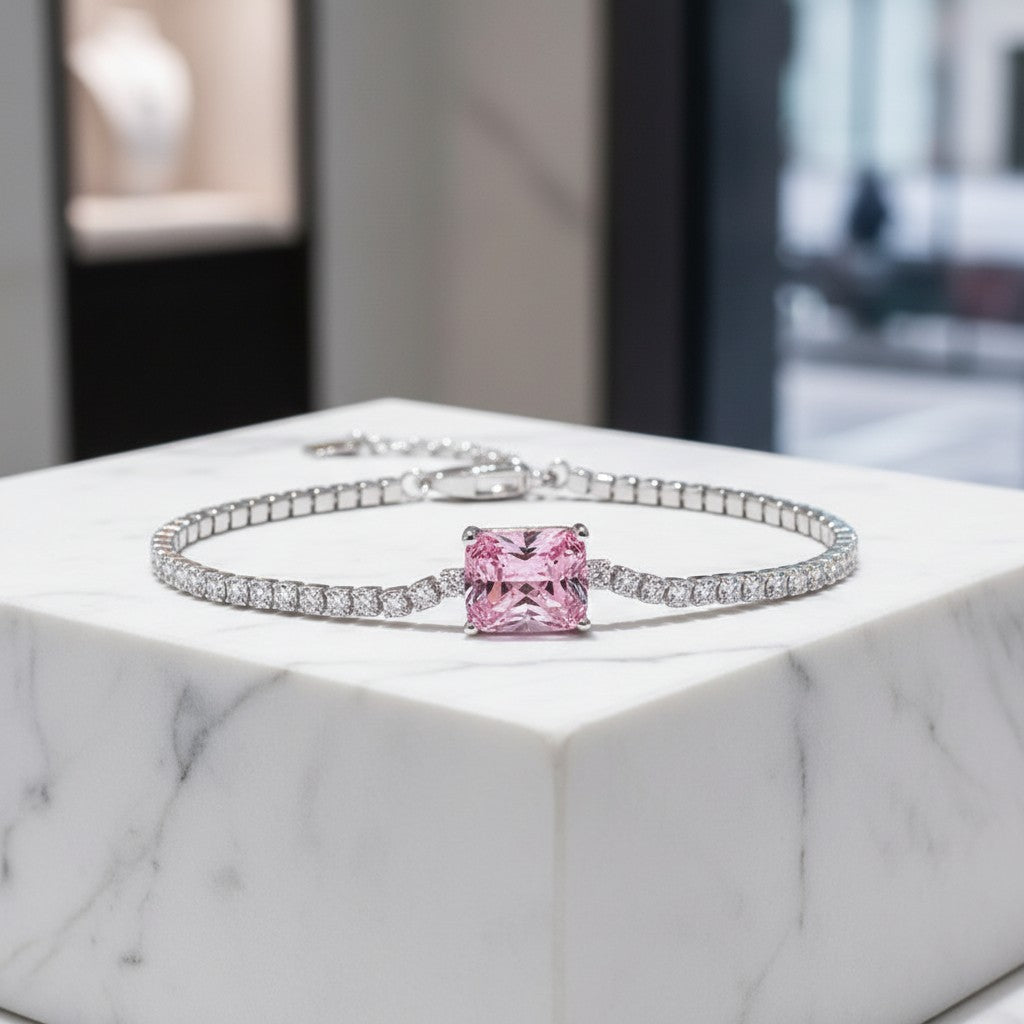 CUBIC ZIRCONIA COLLECTION - GLITZY GEM BRACELET PLATED IN 925 STERLING SILVER- CZBR140 ROSE PINK