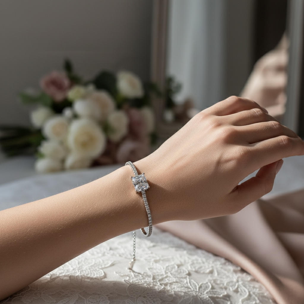 CUBIC ZIRCONIA COLLECTION - GLITZY GEM BRACELET 925 STERLING SILVER - CZBR140 SILVER