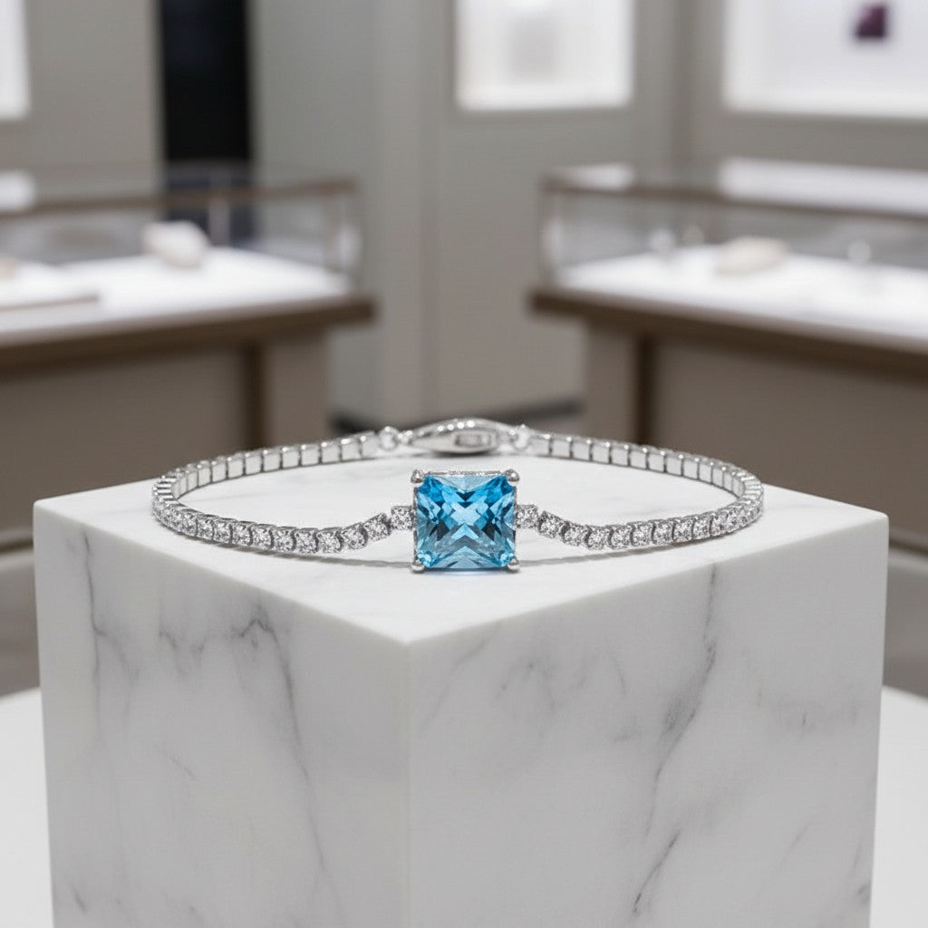 CUBIC ZIRCONIA COLLECTION - GLITZY GEM BRACELET  925 STERLING SILVER - CZBR140 AQUA