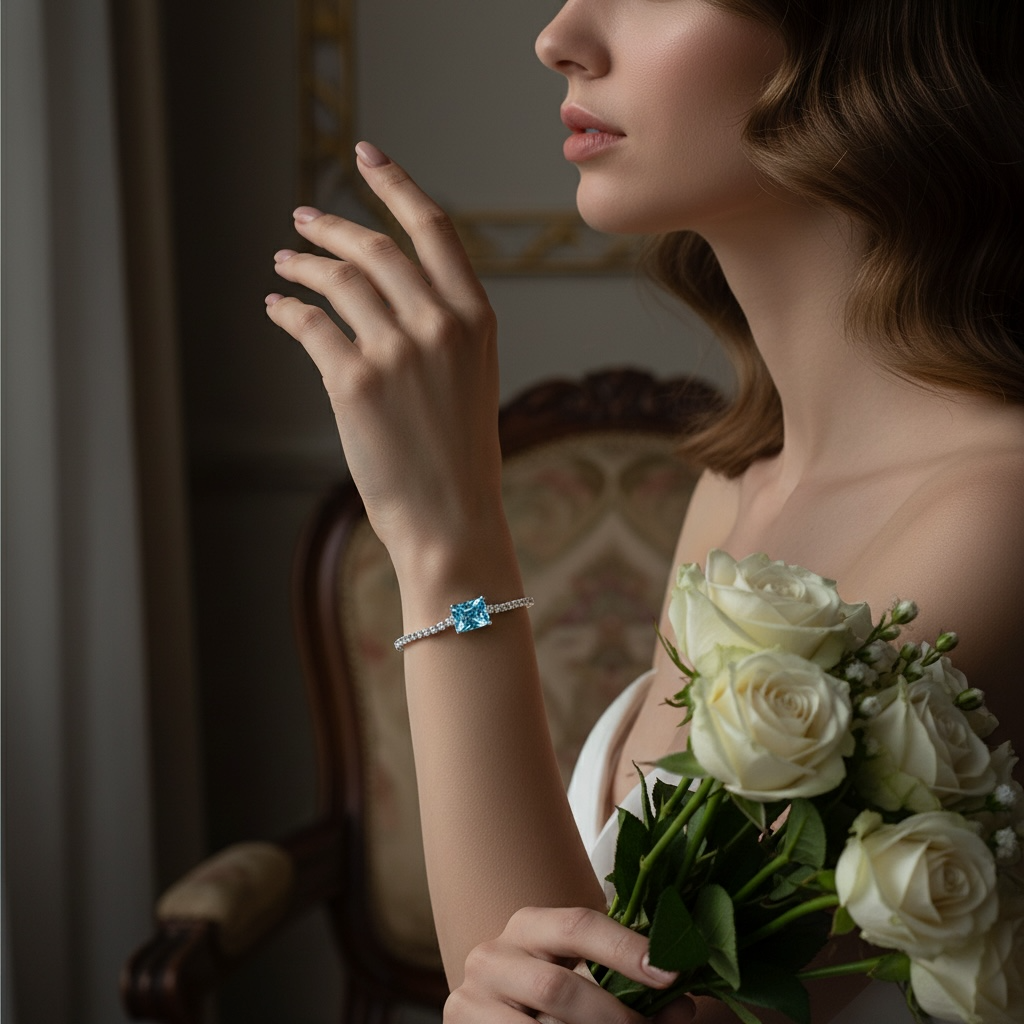 CUBIC ZIRCONIA COLLECTION - GLITZY GEM BRACELET  925 STERLING SILVER - CZBR140 AQUA