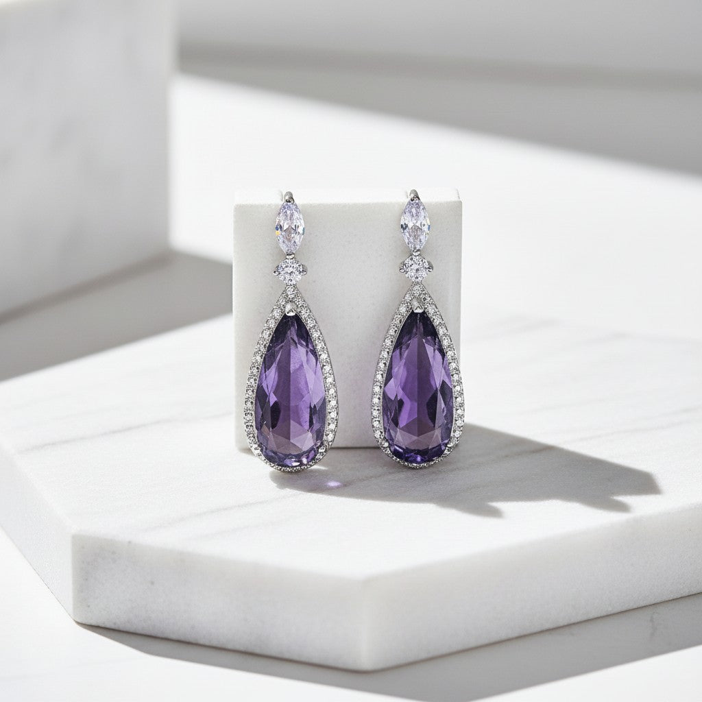 CUBIC ZIRCONIA COLLECTION - AMETHYST SPARKLE EARRINGS- CZER678