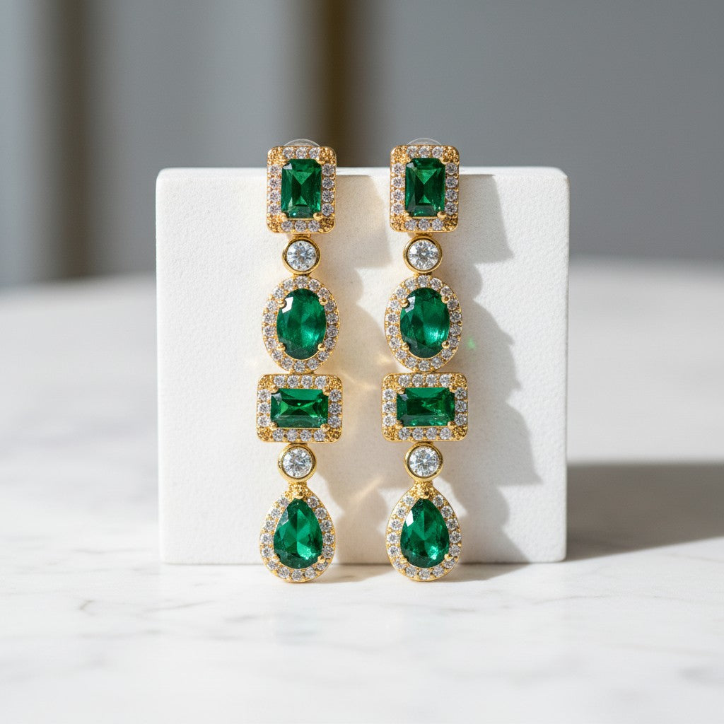 CUBIC ZIRCONIA COLLECTION - DECO DAZZLE EARRINGS - CZER680 EMERALD