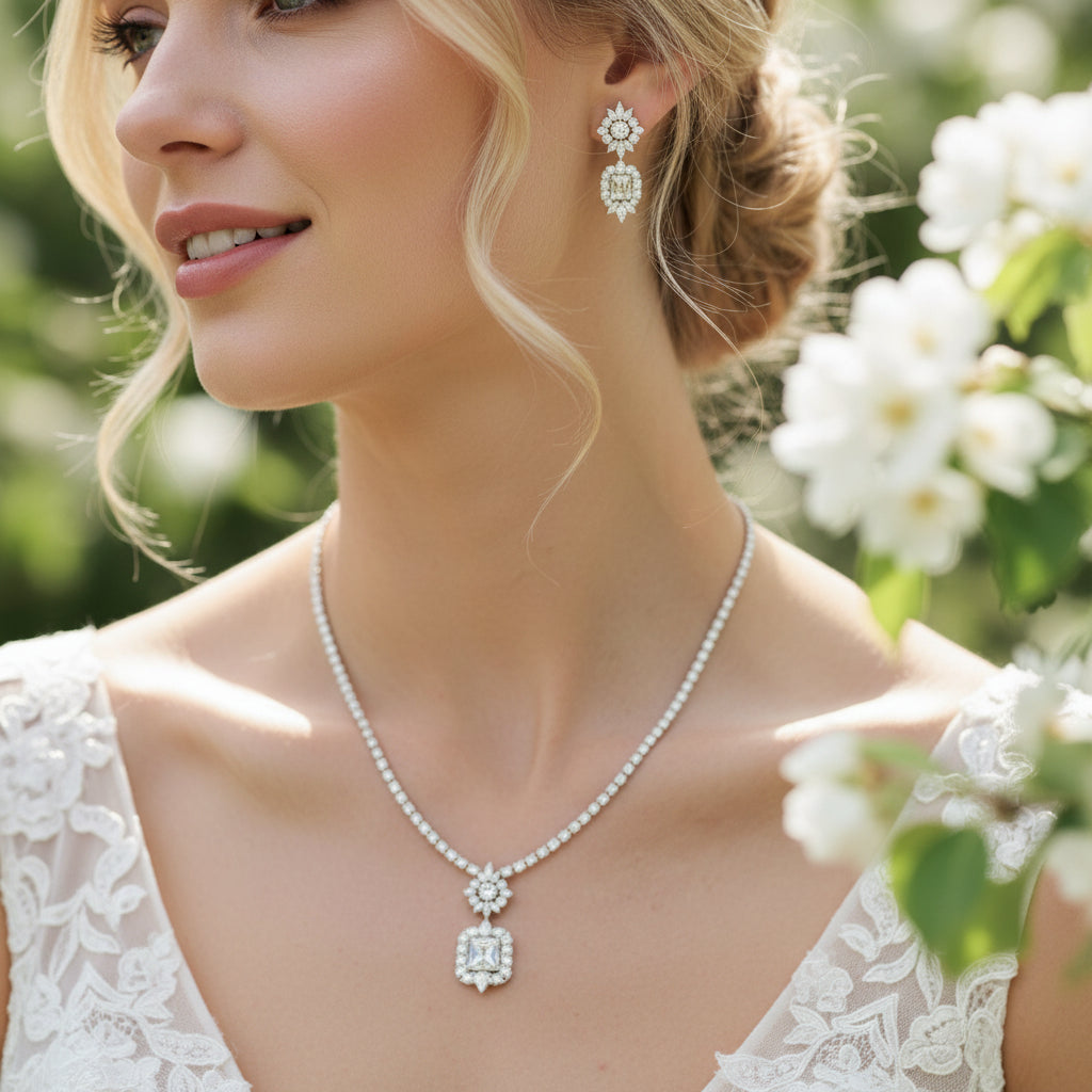 GATSBY INSPIRED - SHIMMERING NECKLACE SET - CZNK183 SILVER