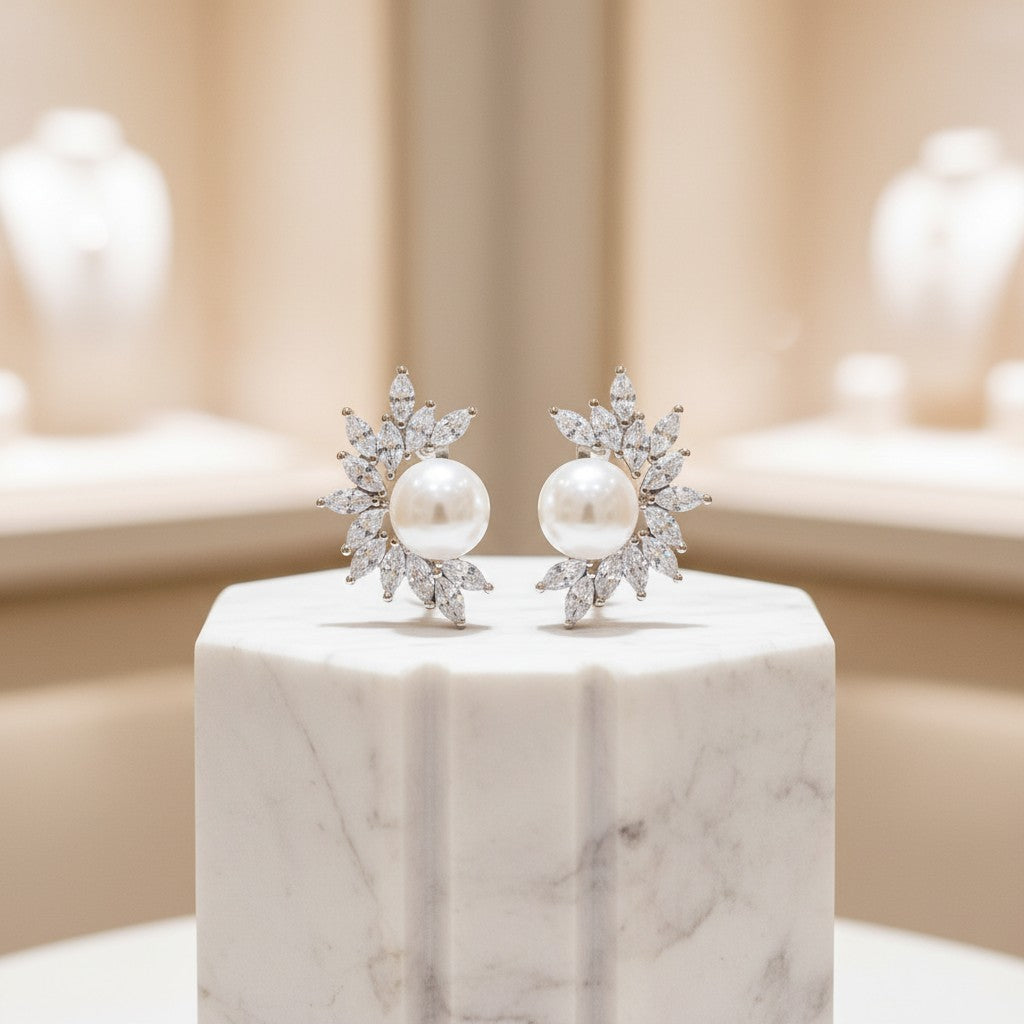 CUBIC ZIRCONIA COLLECTION - DAINTY PEARL EARRINGS - CZER692 SILVER