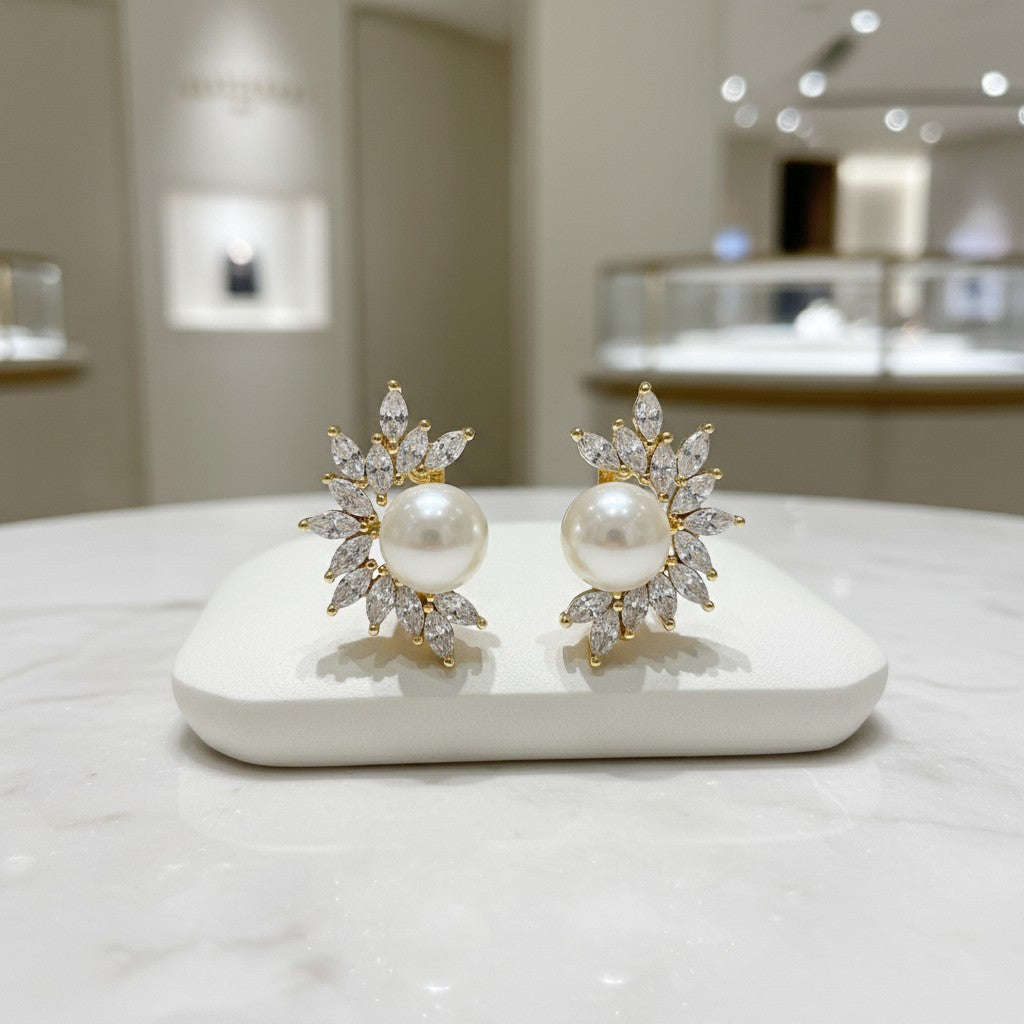CUBIC ZIRCONIA COLLECTION - DAINTY PEARL EARRINGS - CZER692 GOLD