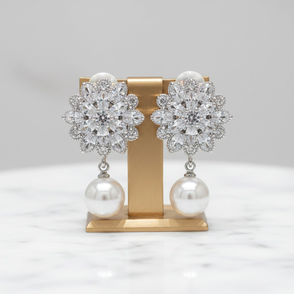 CUBIC ZIRCONIA COLLECTION - PEARL DROP  CLIP ON EARRINGS - CZER695 SILVER